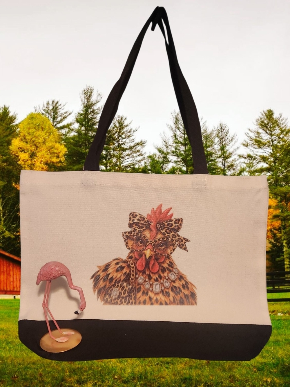Canvas Tote Bag with Leopard Chicken Print and Black Handles. Double Sided